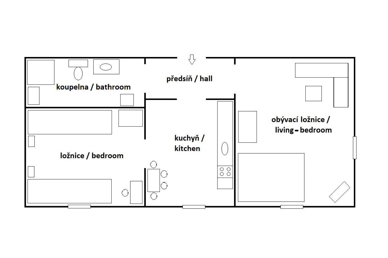 Pianta degli interni di una casa con le stanze indicate, tra cui cucina, soggiorno, camera da letto, bagno e disimpegno.