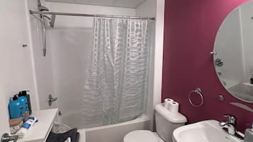 Hair dryer, towels, soap, toilet paper