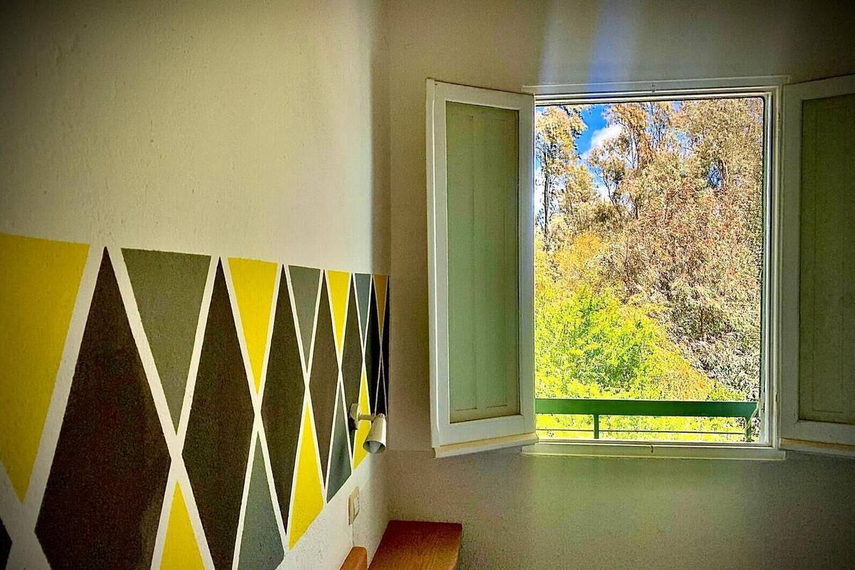 A room with a geometric-patterned wall, a window with an open view of trees, and a wooden bench.