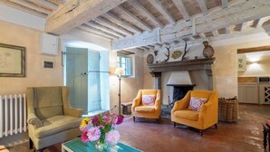 Un salón acogedor con chimenea, dos sillones, una mesa de centro con un jarrón de flores y un radiador.