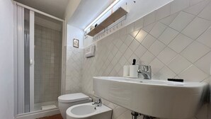 A bathroom with a toilet, bidet, and shower.