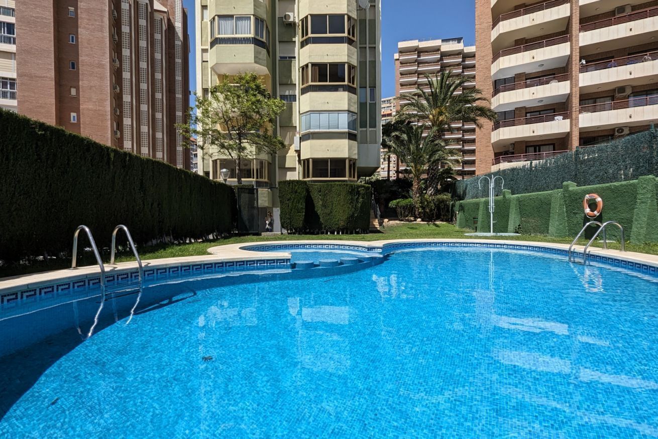 Une piscine dont le fond est recouvert de carreaux disposés selon un motif géométrique, entourée d’une haie et bordée d’un immeuble imposant doté de nombreux balcons.