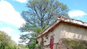 A rustic building with a thatched roof, a wooden staircase, and a gravel path leading to it.