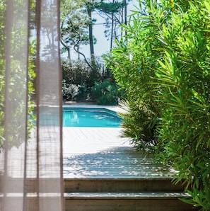 A swimming pool surrounded by lush greenery, with a wooden deck leading to it. - Villa à la Pointe du Cap Ferret (Lège-Cap-Ferret)