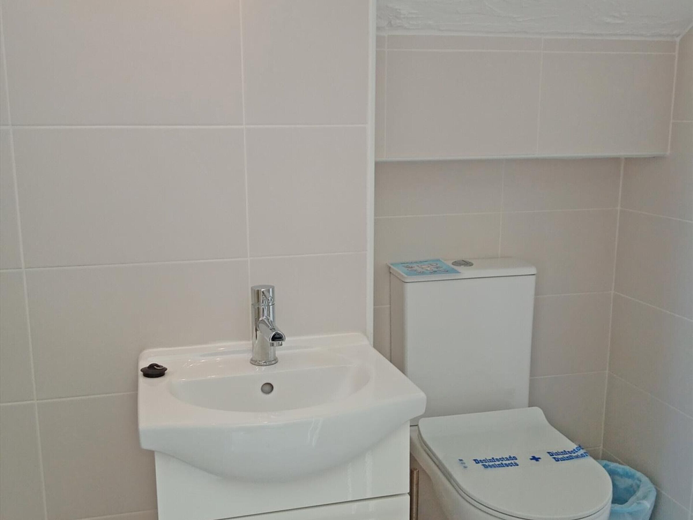 Ein Badezimmer mit einem weißen Waschbecken, einer Toilette und einem blauen Mülleimer.