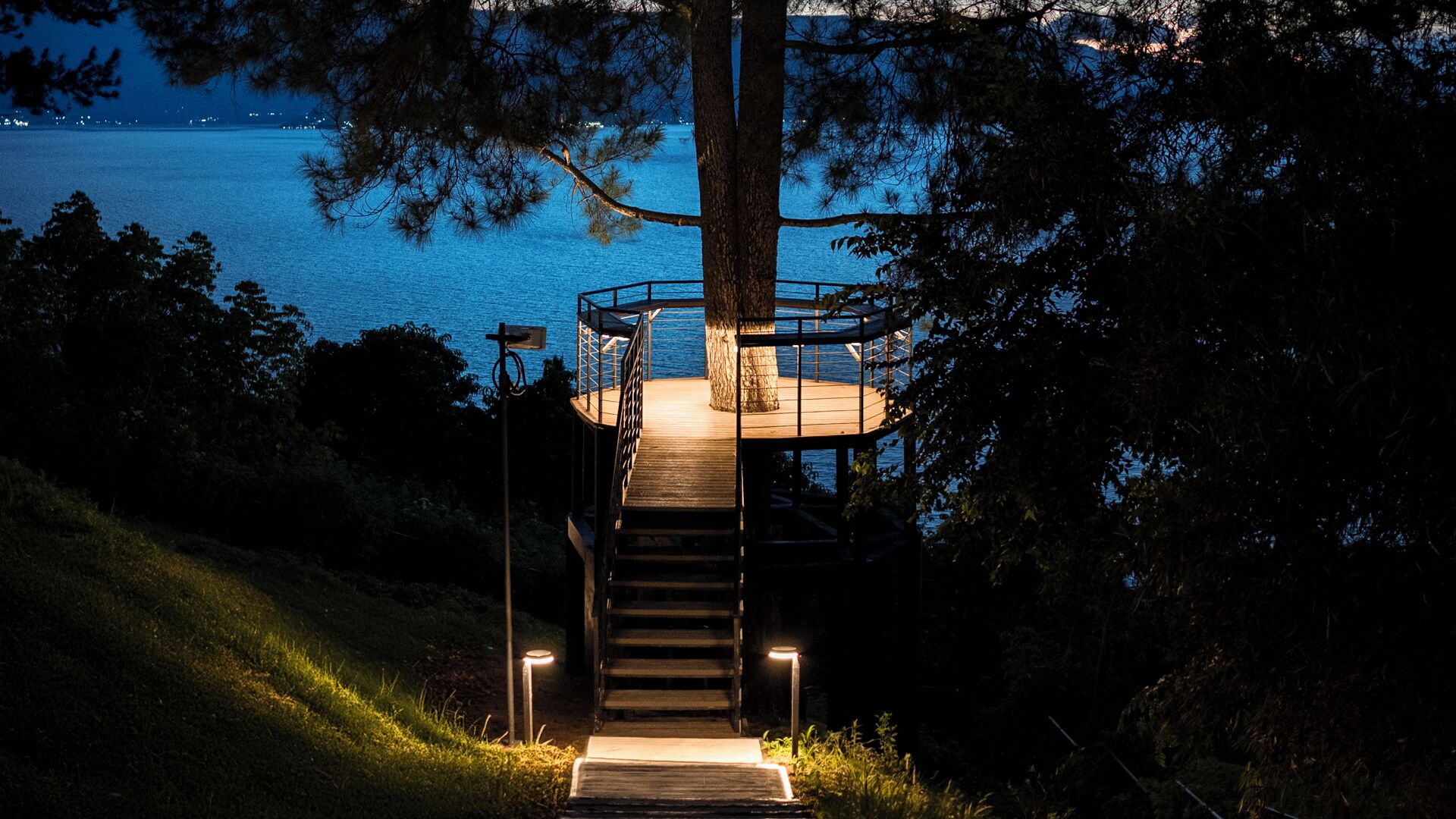 A wooden staircase leading to a platform with a railing, surrounded by trees and overlooking a body of water.