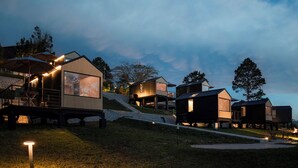 Une série de cabanes modernes surélevées, dotées de grandes fenêtres et reliées par un sentier, est aménagée dans un paysage naturel, au milieu d’arbres, sous un ciel dégagé.