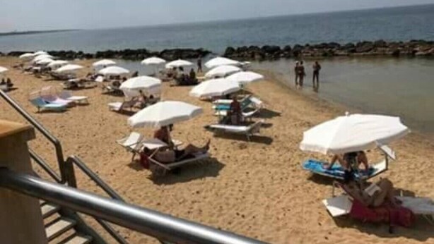 Une plage bordée de rangées de parasols et de chaises longues.