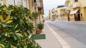 Une rue tranquille bordée d’immeubles, de plantes en pot et sous un ciel dégagé.