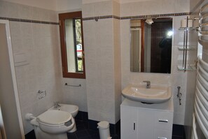 Regadera, secadora de cabello, bidet, toallas 