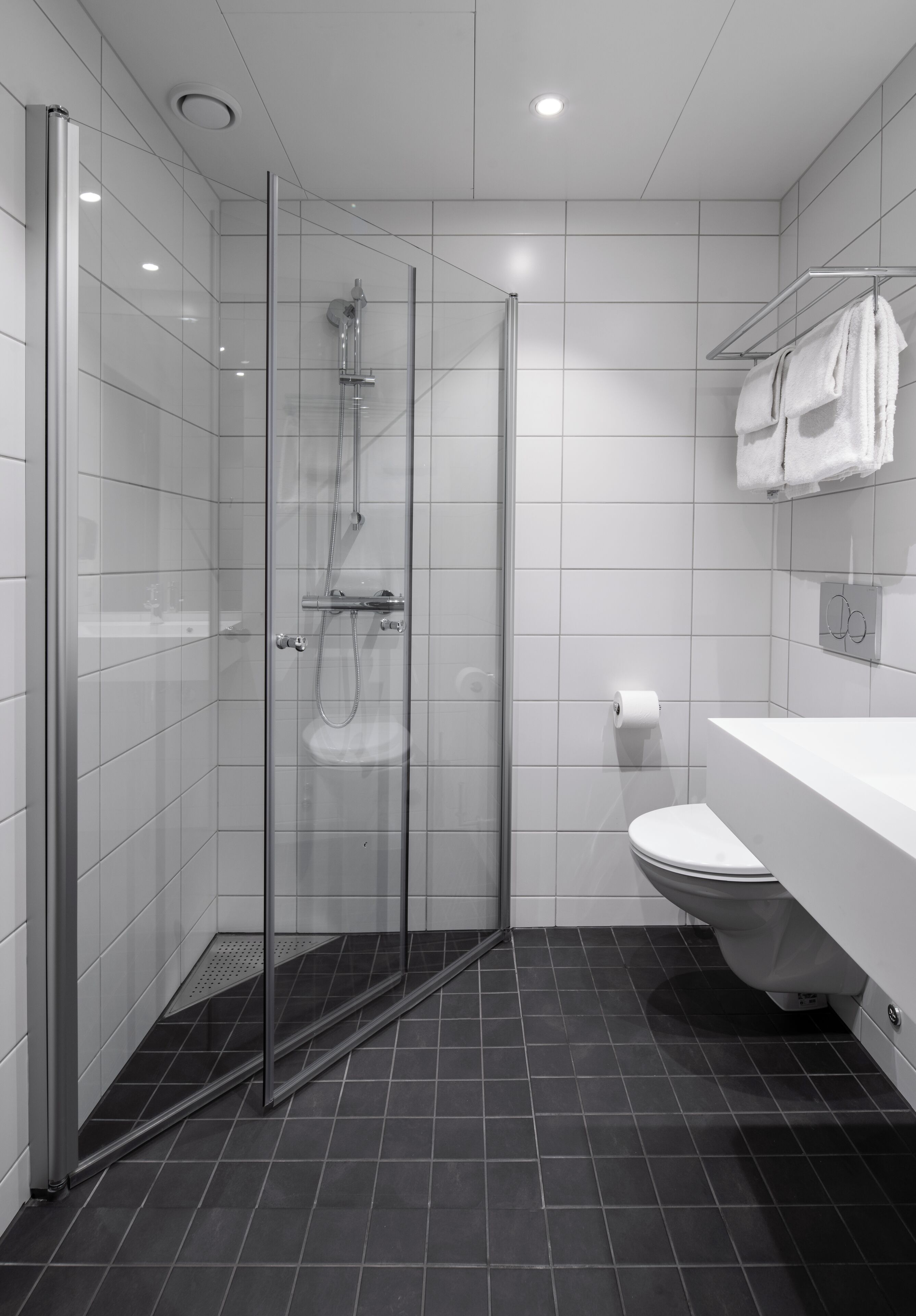A modern bathroom with a glass-enclosed shower, a white toilet, and a white sink with a towel rack above it.