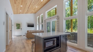 A modern kitchen with a built-in microwave, large windows, and a wooden ceiling. - Black Haven Tiny Home (Surry)