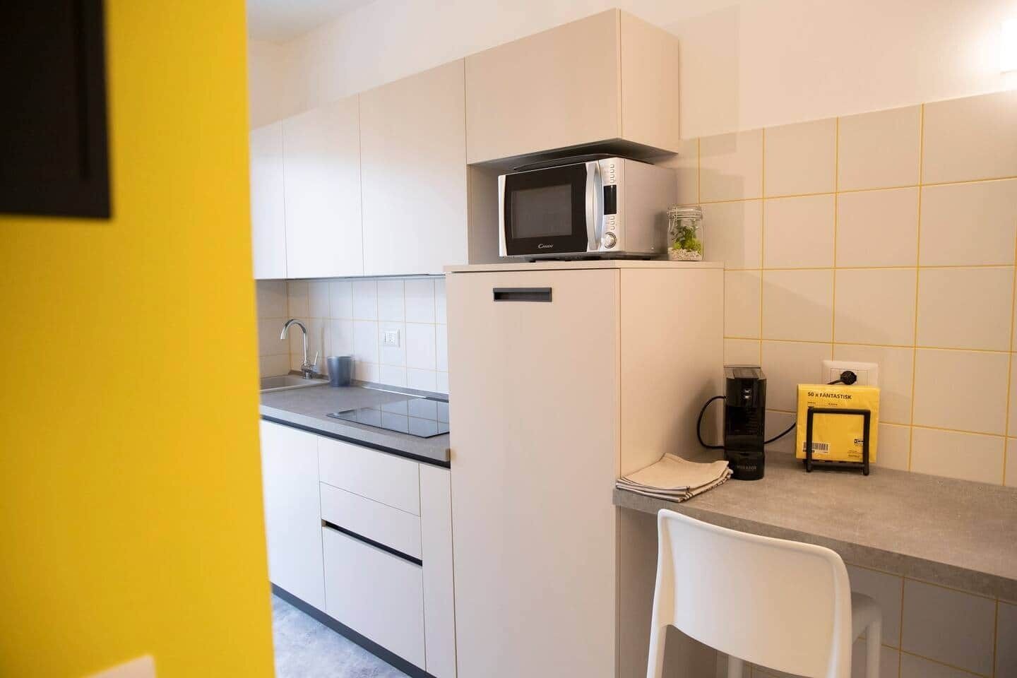 Kühlschrank, Mikrowelle, Geschirrspüler, Kochgeschirr/Geschirr/Besteck