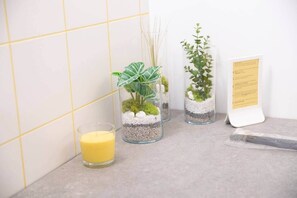 Douche, sèche-cheveux, savon, papier toilette