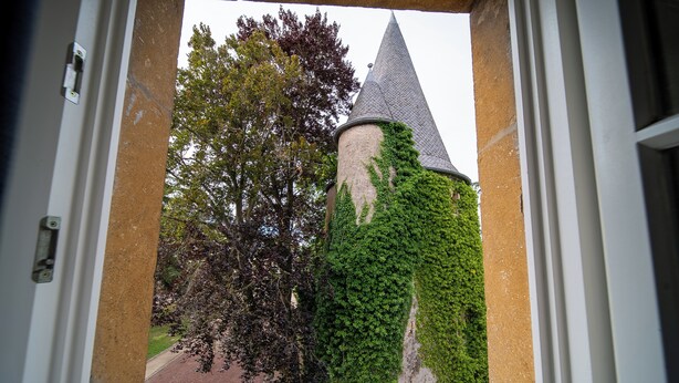 Una vista attraverso un ingresso di un edificio con una torre e mura ricoperte d'edera.