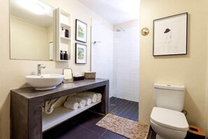 Hair dryer, towels, soap, toilet paper