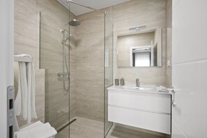 Shower, hair dryer, towels, soap