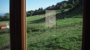 A view of a green field with a fence and trees in the background. - Petit Chalet Pentagonal Entre Prés et Forêt (Merlas)