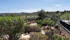 A garden with various plants and trees, a pathway, and a view of distant hills. - Casa Rosa: Long-term Living & Workspace (Valencia)