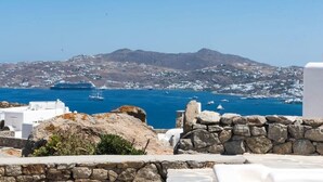 A coastal view with white buildings, a stone wall, and a distant ship.