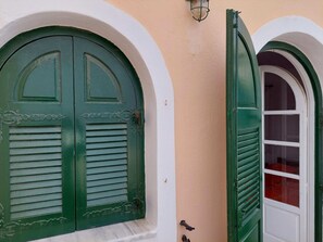 A building facade with two green doors, each with a white frame and a small window above the door.