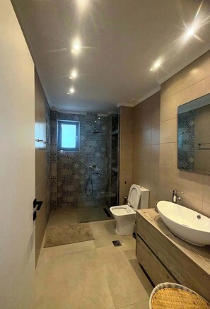 Shower, hair dryer, towels, shampoo