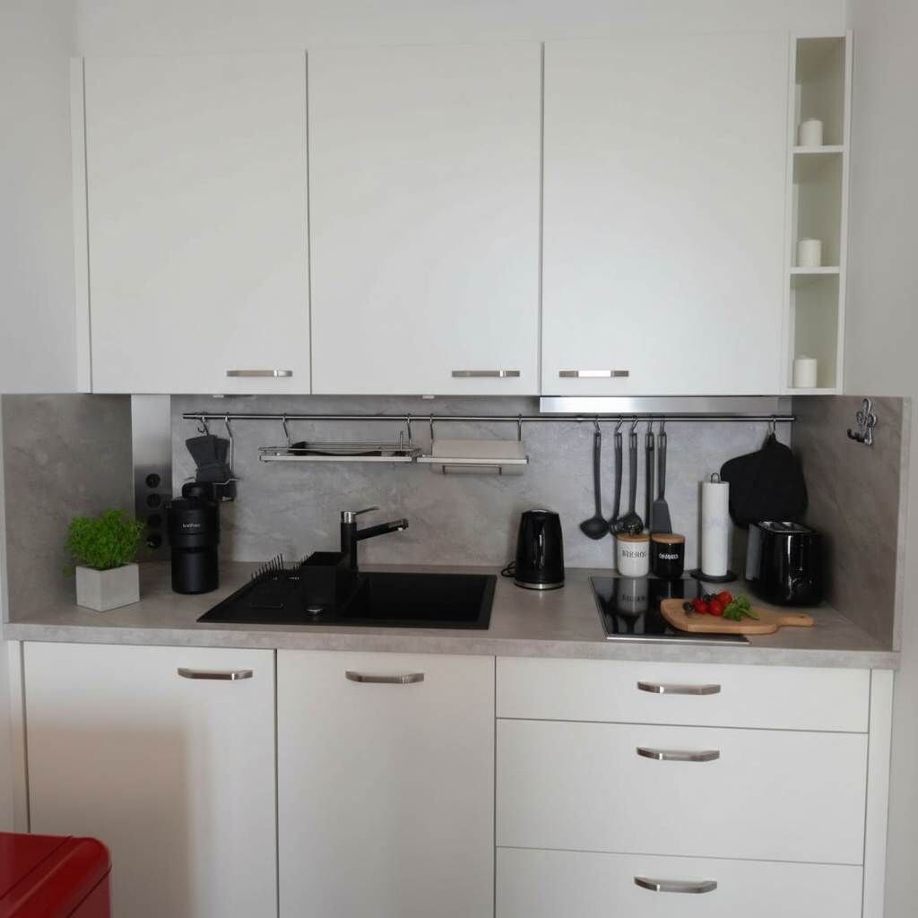 A modern kitchen with white cabinets, a black sink, and stainless steel appliances.