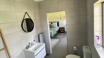 Bidet, towels, soap, toilet paper