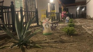 A courtyard with a large agave plant, a windmill, and a small garden area with green shrubs. - Sun Shine Butik Otel  (Kas)
