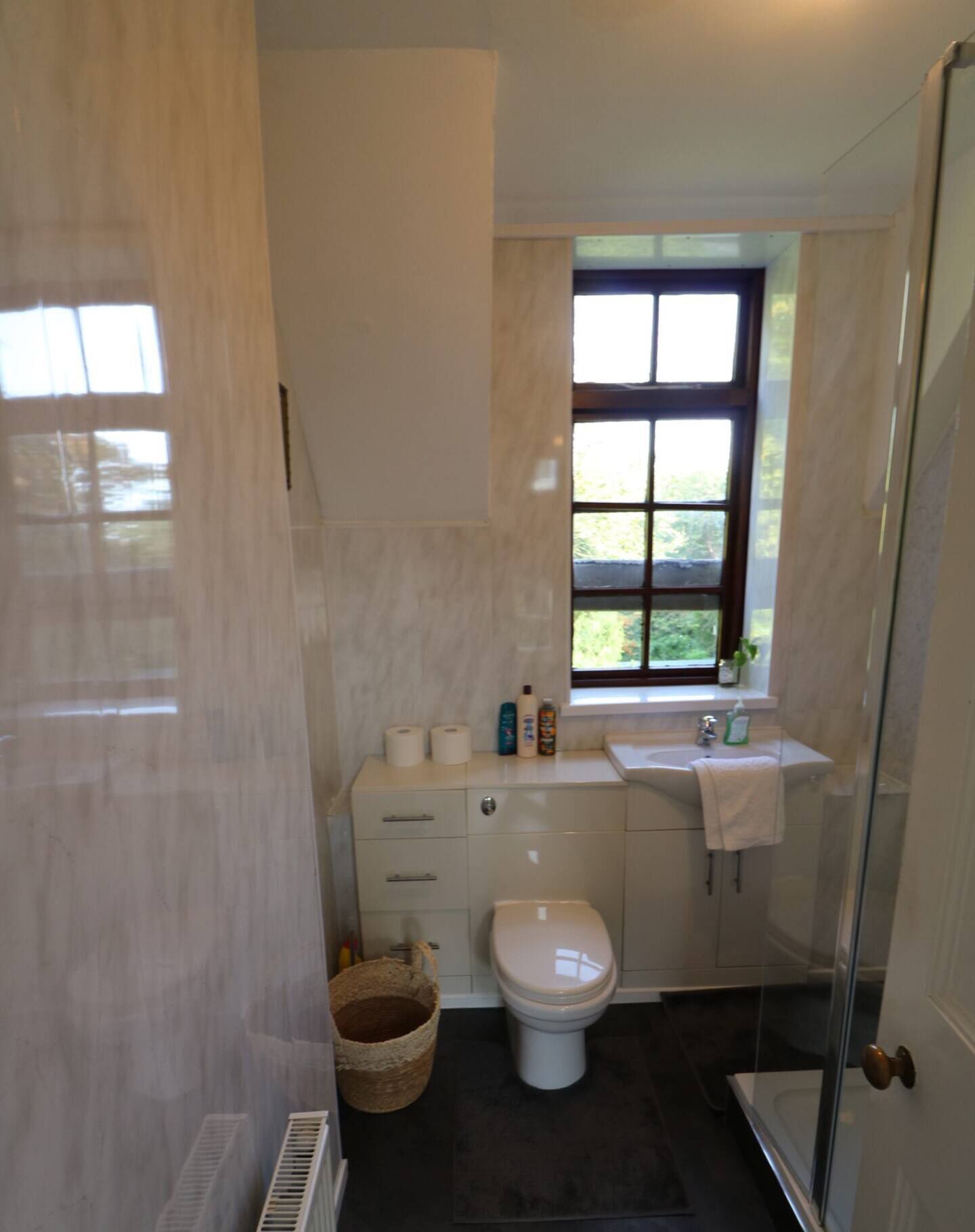 A bathroom with a toilet, sink, and window.