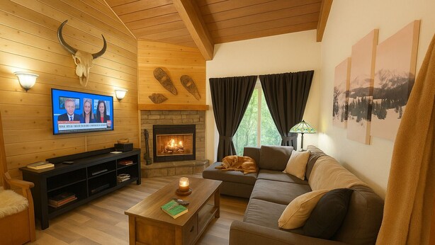 A cozy living room with a fireplace, a television mounted on the wall, and a sofa with a dog.
