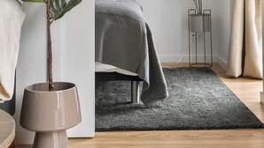 Une pièce comprenant un lit, un tapis gris, une plante en pot et une table de chevet.