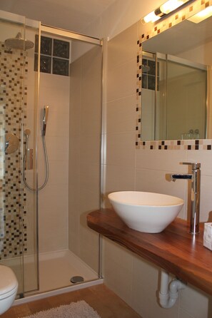 Douche, sèche-cheveux, serviettes fournies, savon