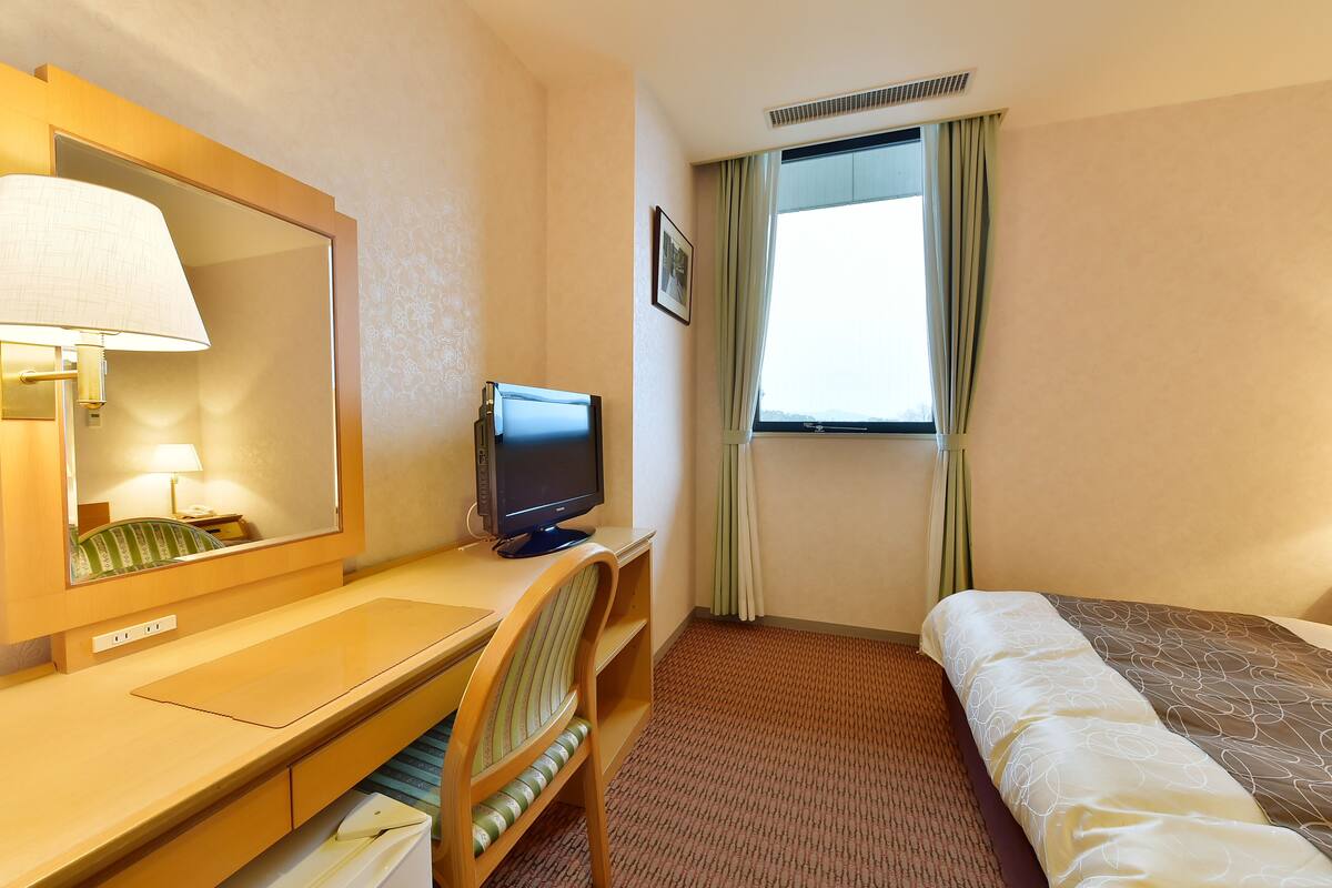 Une chambre d’hôtel équipée d’un bureau, d’une chaise, d’une télévision, d’un lit et d’une fenêtre avec des rideaux.