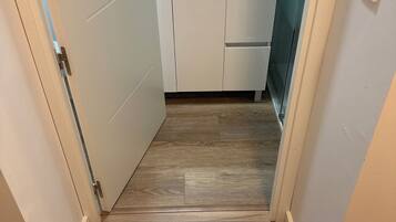 Hair dryer, towels, soap, shampoo