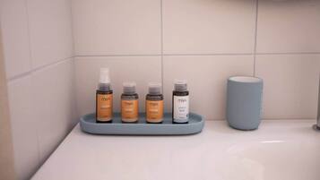 Dusche, Haartrockner, Seife, Toilettenpapier