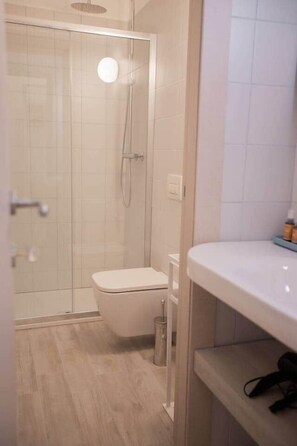 Regadera, secadora de cabello, jabón, papel de baño 