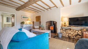 Un salon chaleureux avec un canapé bleu, une cheminée, un téléviseur et un plafond en bois.