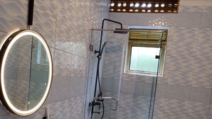 Un baño con ducha envuelta en cristal, un lavabo con espejo y un inodoro.