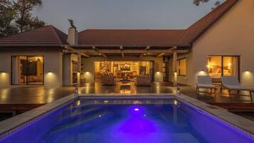 Outdoor pool, pool umbrellas, pool loungers