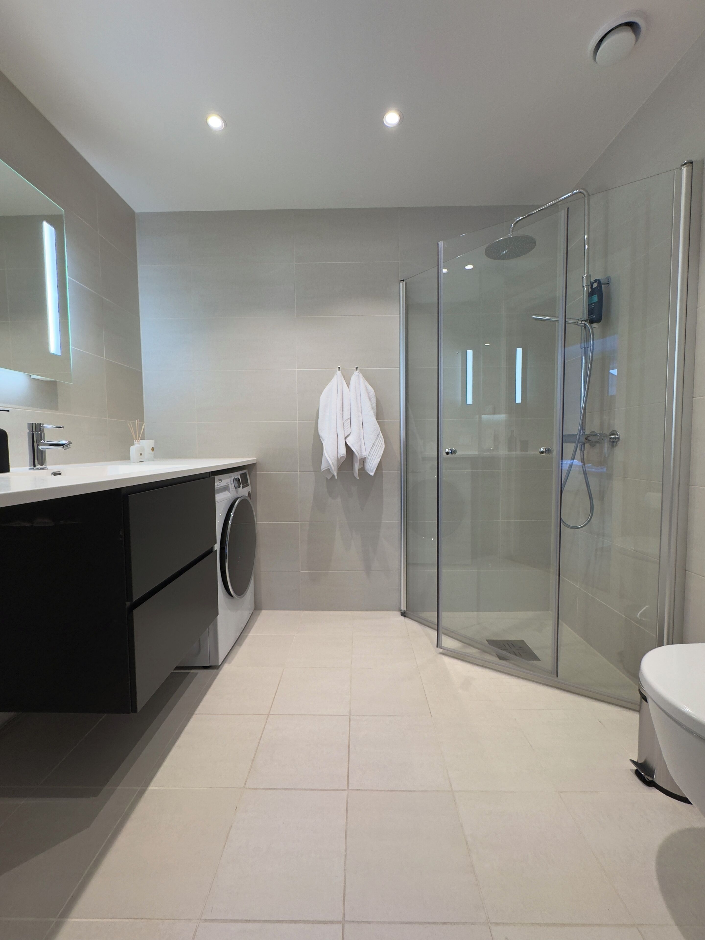 Shower, free toiletries, hair dryer, towels