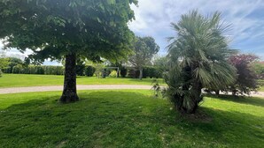 Un área verde bien cuidada con un árbol grande y una palmera, un sendero de grava y un parque infantil al fondo.
