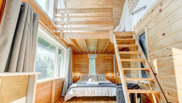 A wooden cabin interior with a loft bed, a ladder, and a window overlooking greenery.