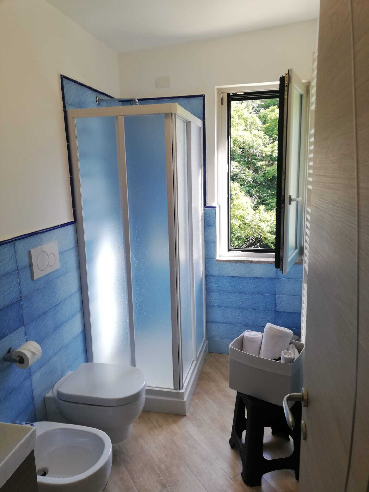 A bathroom with a shower, toilet, bidet, and a window with a view of greenery.