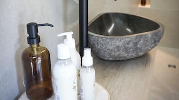 Hair dryer, towels, soap, toilet paper