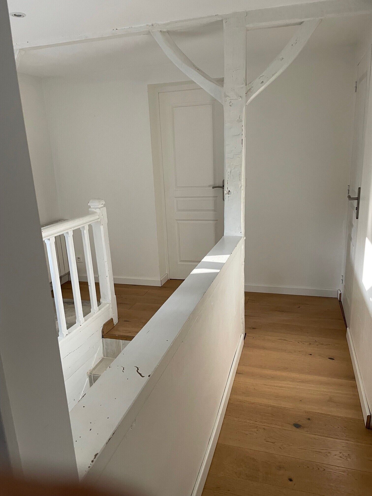 A room with a wooden floor, white walls, and a white door.
