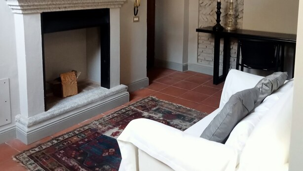 A living room with a fireplace, a sofa, a television mounted above the fireplace, and a patterned rug on the floor. - Palace of Alboin (Pavia)