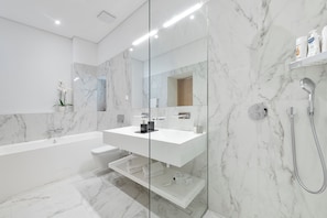 Hair dryer, towels, soap, toilet paper