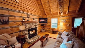 Smart TV, chimenea y libros
