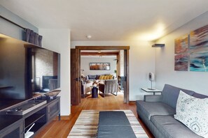 TV, fireplace, table football, ping pong